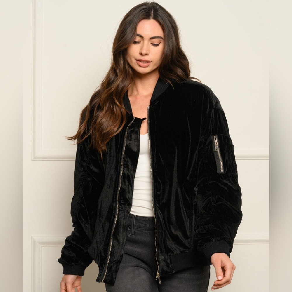 NEW! Oversized Black Velvet Ruched Long Sleeve Bomber Jacket